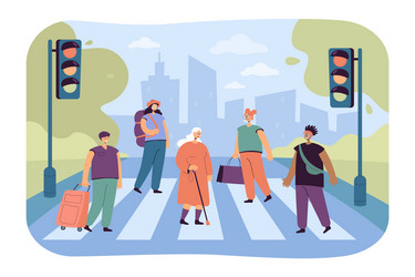 Crowd various people crossing avenue road vector