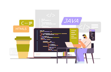 web developer creating program code on laptop vector image