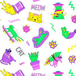 Retro Cat Pattern - 90s Doodle Vector Image