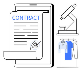 electronic contract on tablet with microscope vector image