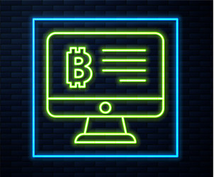 glowing neon line mining bitcoin from monitor icon vector image