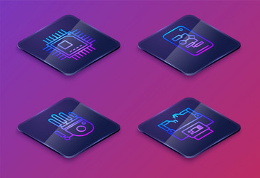 set isometric line processor with microcircuits vector image