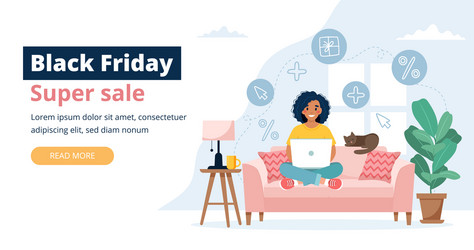 Black friday banner with woman holding a laptop vector