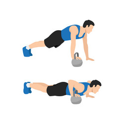 man doing push up with one hand on the kettlebell vector image