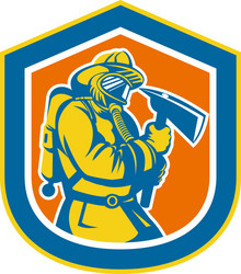 fireman firefighter holding fire axe shield vector