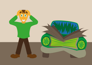 worried driver with his breakdown car flat vector