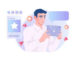 man using tablet on social media app screen vector image