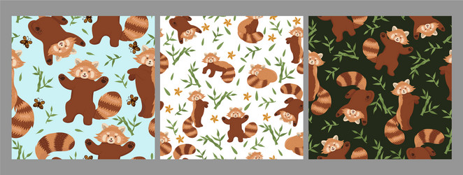 set seamless patterns with red pandas vector image