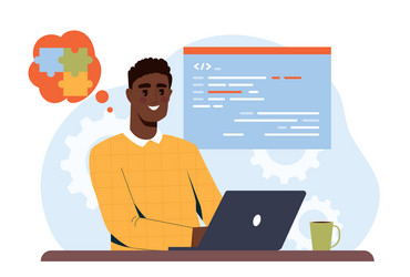 smiling developer working on laptop vector image