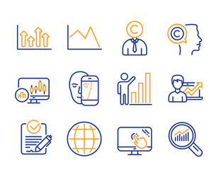 globe line chart and face biometrics icons set vector