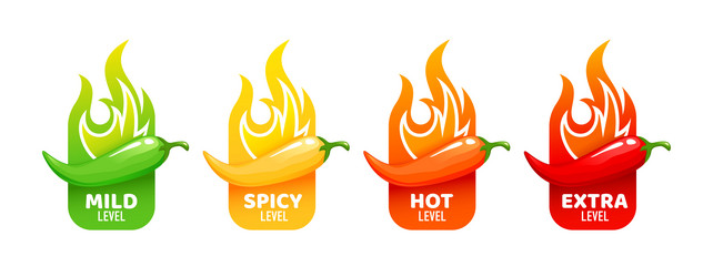 Hot spicy level labels chili peppers fire flames vector