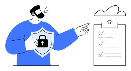 man with security shield pointing at checklist vector image