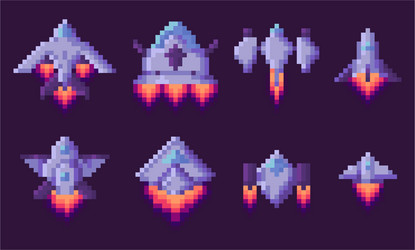 Pixel game spaceship transportation floating set vector