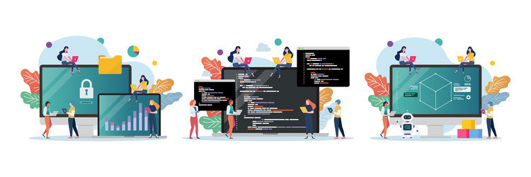 scene of computer modeling and programming class vector image