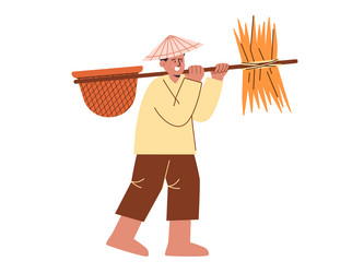 farmer bring paddy dry rice hay straw and basket Vector Image