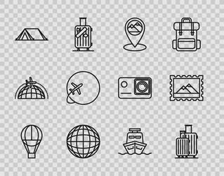 Set line hot air balloon suitcase for travel map vector