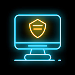 neon computer icon showing a shield displaying vector image