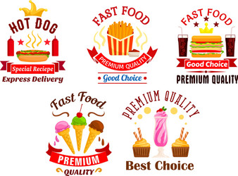 fast food icons snacks drinks desserts labels vector