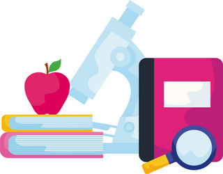 library books with microscope laboratory and icons vector image
