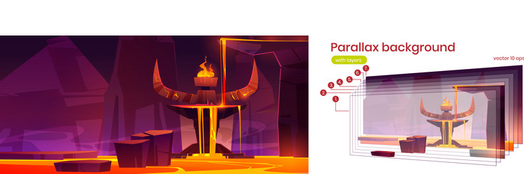 parallax background with stone altar and lava flow vector image