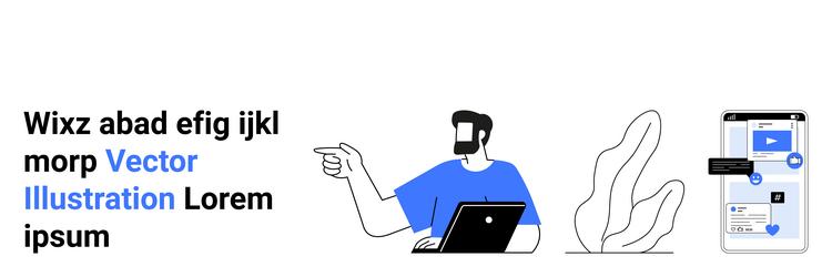 man working on laptop pointing at smartphone vector image