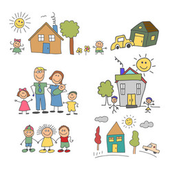 set element happy family doodle colorful vector