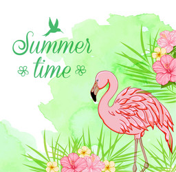 green watercolor background with flamingo Vector Image