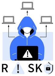 hacker in a hoodie accessing multiple laptops vector image