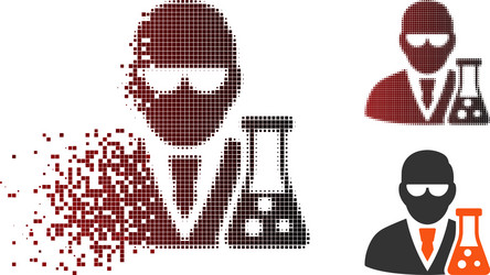 Broken pixel halftone scientist with flask icon vector