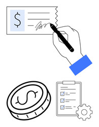 hand signing document with coin and checklist vector image