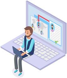 man looking at user profiles in social network vector image