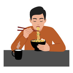 man enjoying a bowl of noodles with chopsticks vector image