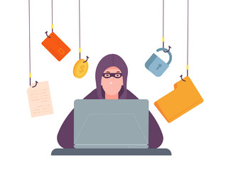cyber scammer hacker with laptop hacking computer vector image