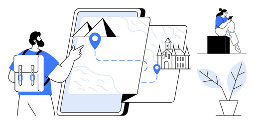 man with backpack navigating digital map vector image
