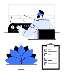 pilot in a flight simulator with checklist vector image