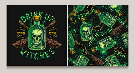 halloween pattern label with skull in bottle vector image