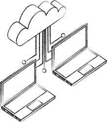 Two laptop cloud computing connected data network vector