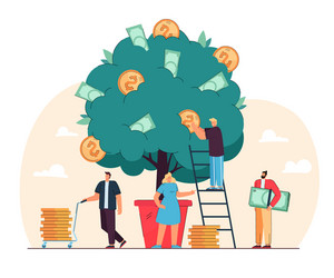 happy tiny people growing money tree vector