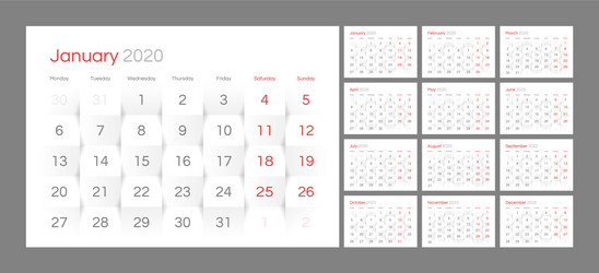 Calendar for 2020 new year in clean minimal table vector