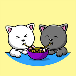 cute cat couple eating ramen noodle vector