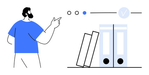 man pointing at stacked files with progress bar vector image