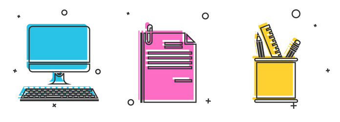 set computer monitor with keyboard file document vector image