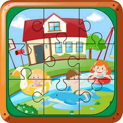 jigsaw puzzle game with kids swimming at home vector