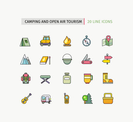 Line icons camping equipment open air tourism vector