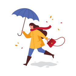 Girl with umbrella running from rain vector