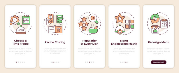 steps of menu engineering onboarding mobile app vector image
