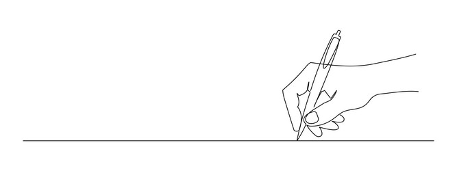 hand holding pen and writing in one continuous vector image
