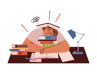 Tired student sleeping on table in pile of books vector