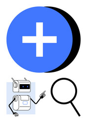 blue add button robot and magnifying glass vector image
