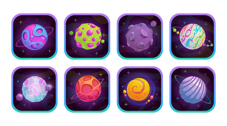 App icons with cartoon fantasy planets vector